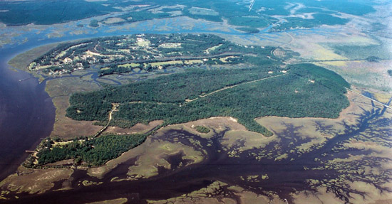 Aerial photograph of Hermitage Island and tidal marshes